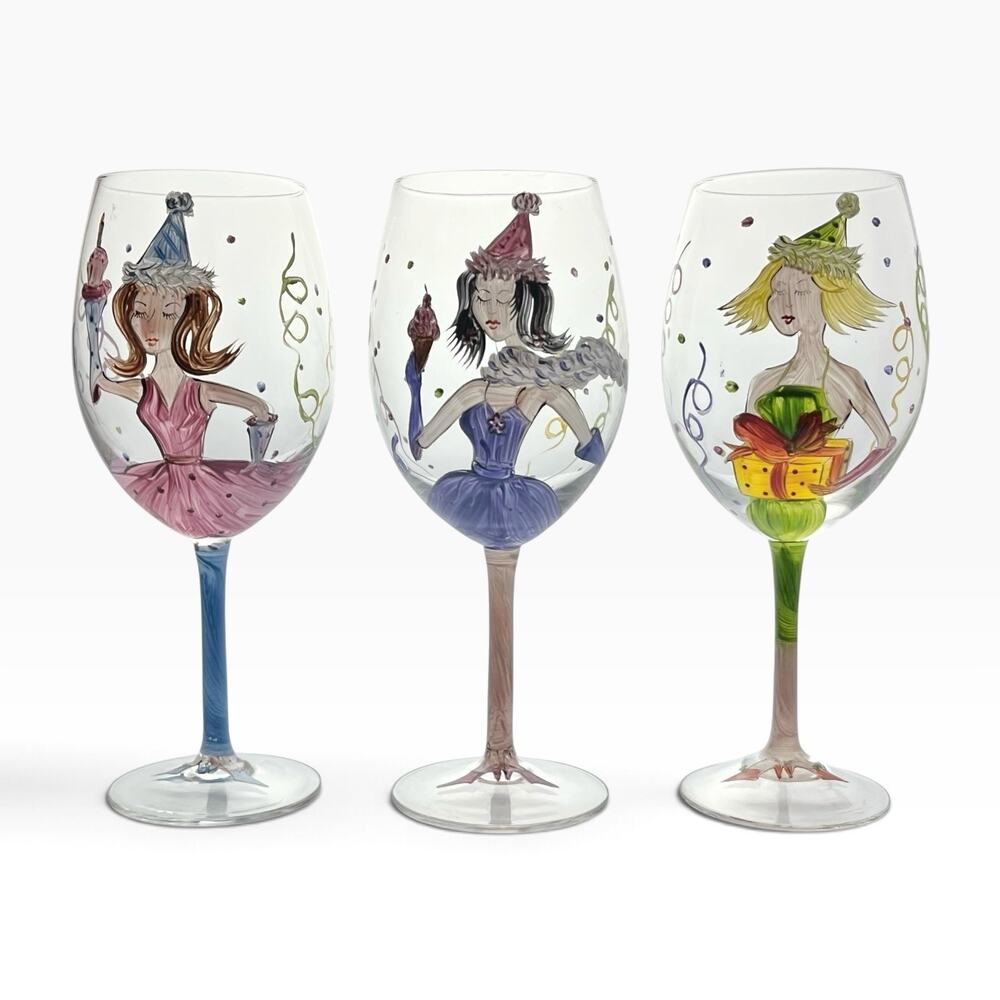 Bottom’s Up Set of 3 Girls Party Theme Handpainted Wine Glasses 9” 20oz